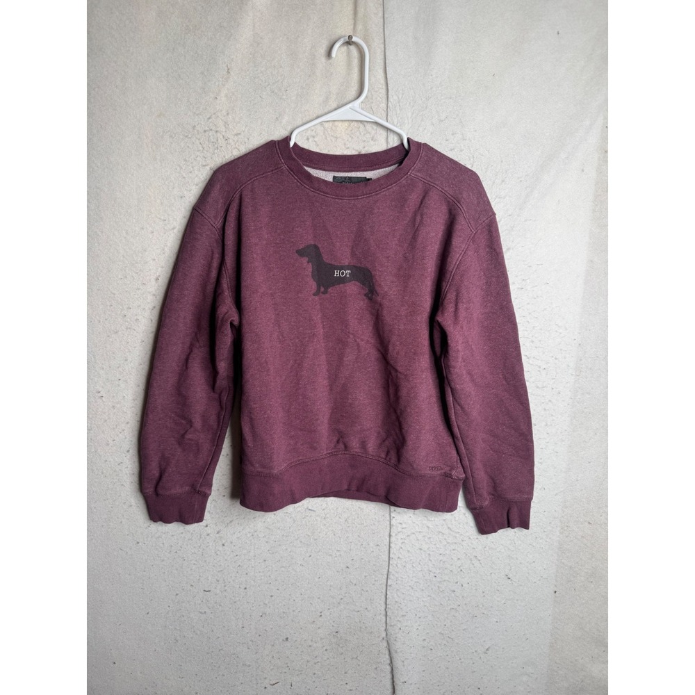 Prana Mens Medium Burgundy Hot Dog Dachshund Graphic Crewneck Sweatshirt Raglan
